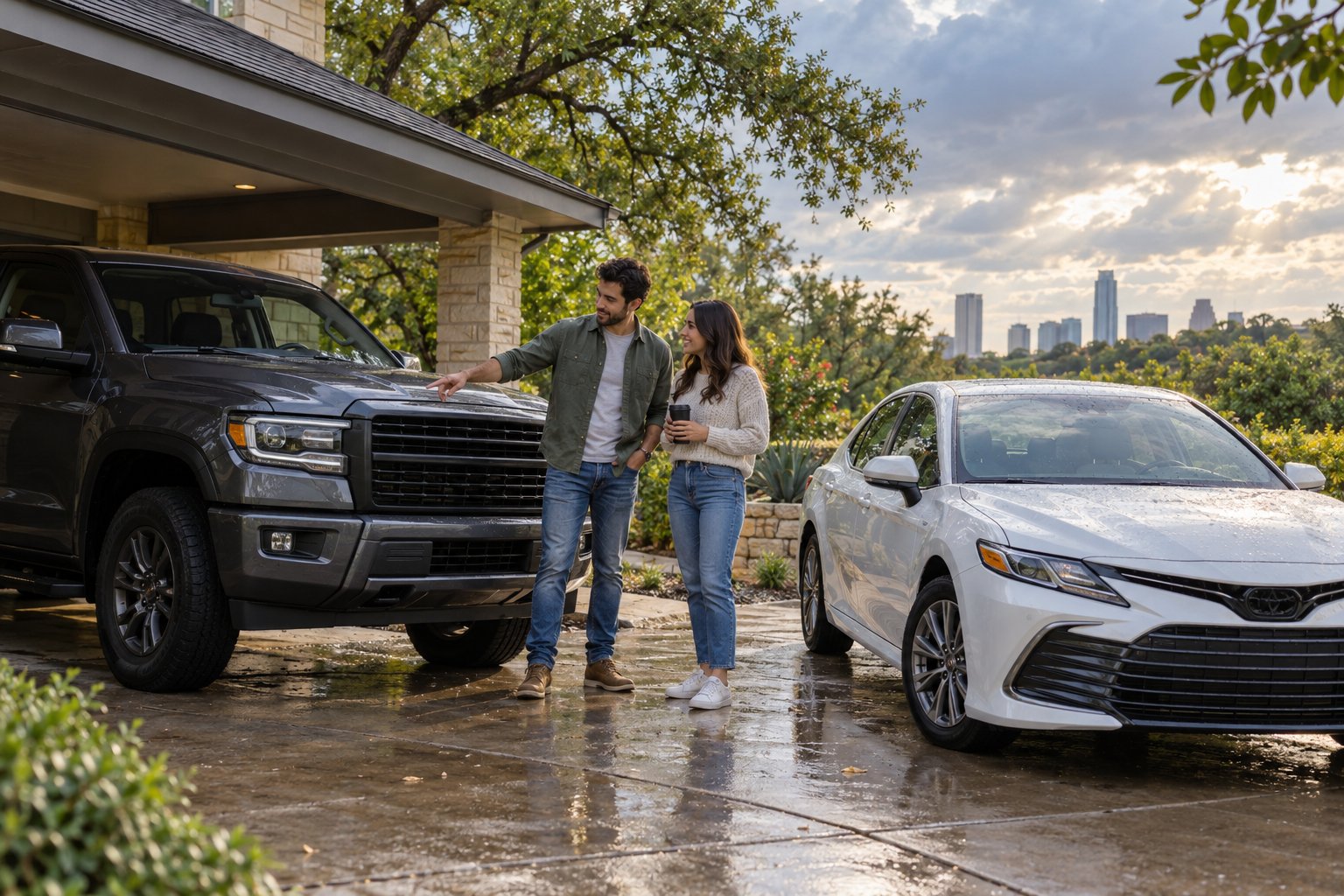 People reviewing a pickup and sedan at home before choosing vehicle coverage