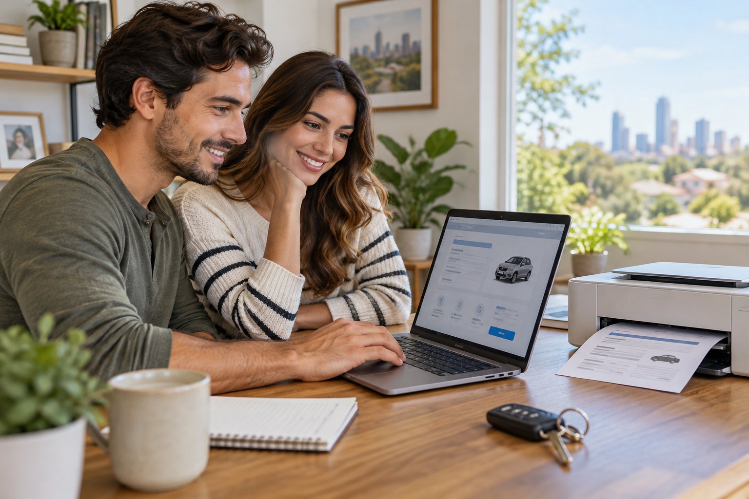 People using a computer to review vehicle coverage online with a printer ready for documents