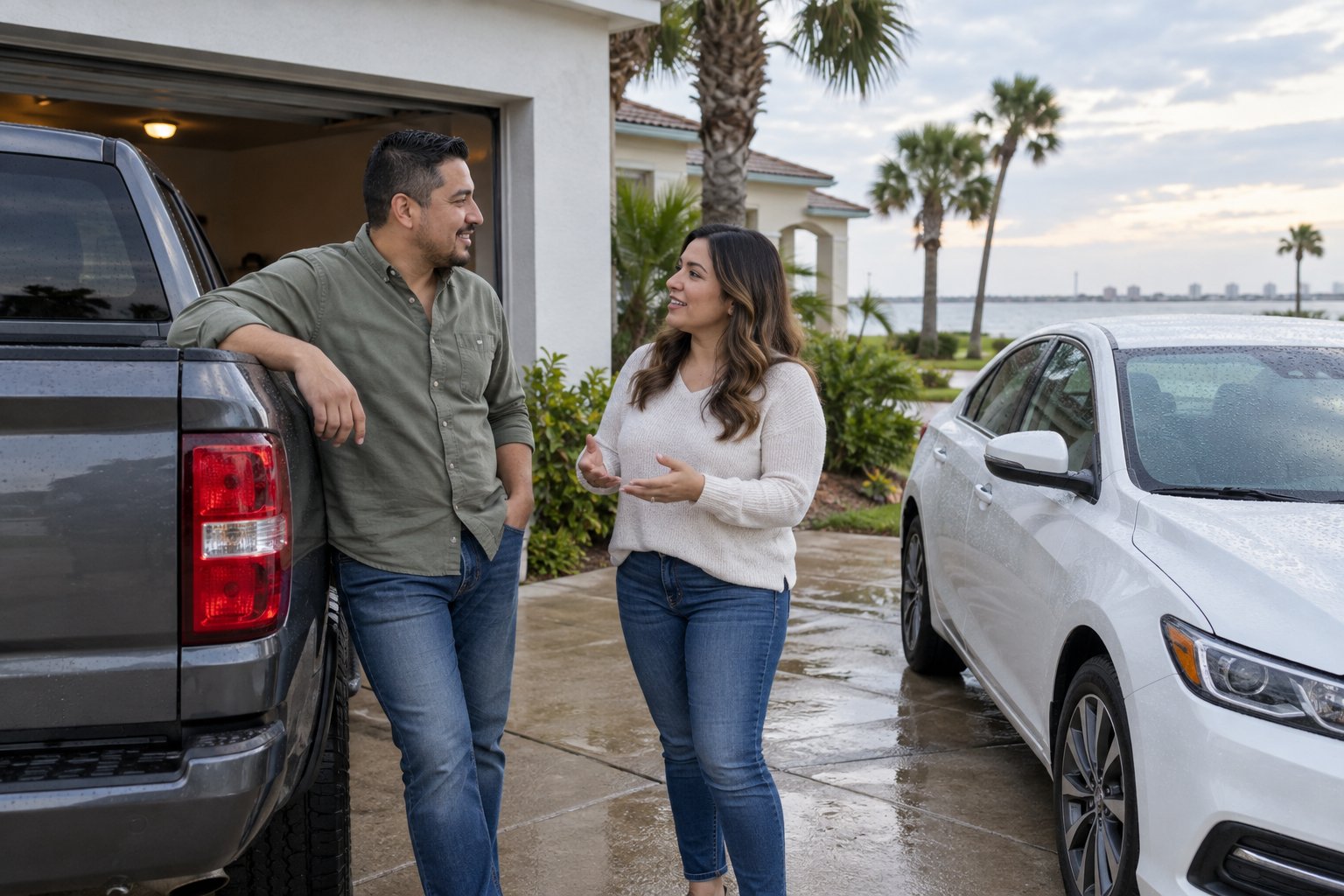 People reviewing a pickup and sedan at home before choosing vehicle coverage