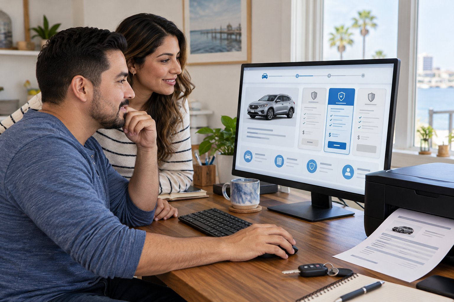 People using a computer to review vehicle coverage online with a printer ready for documents