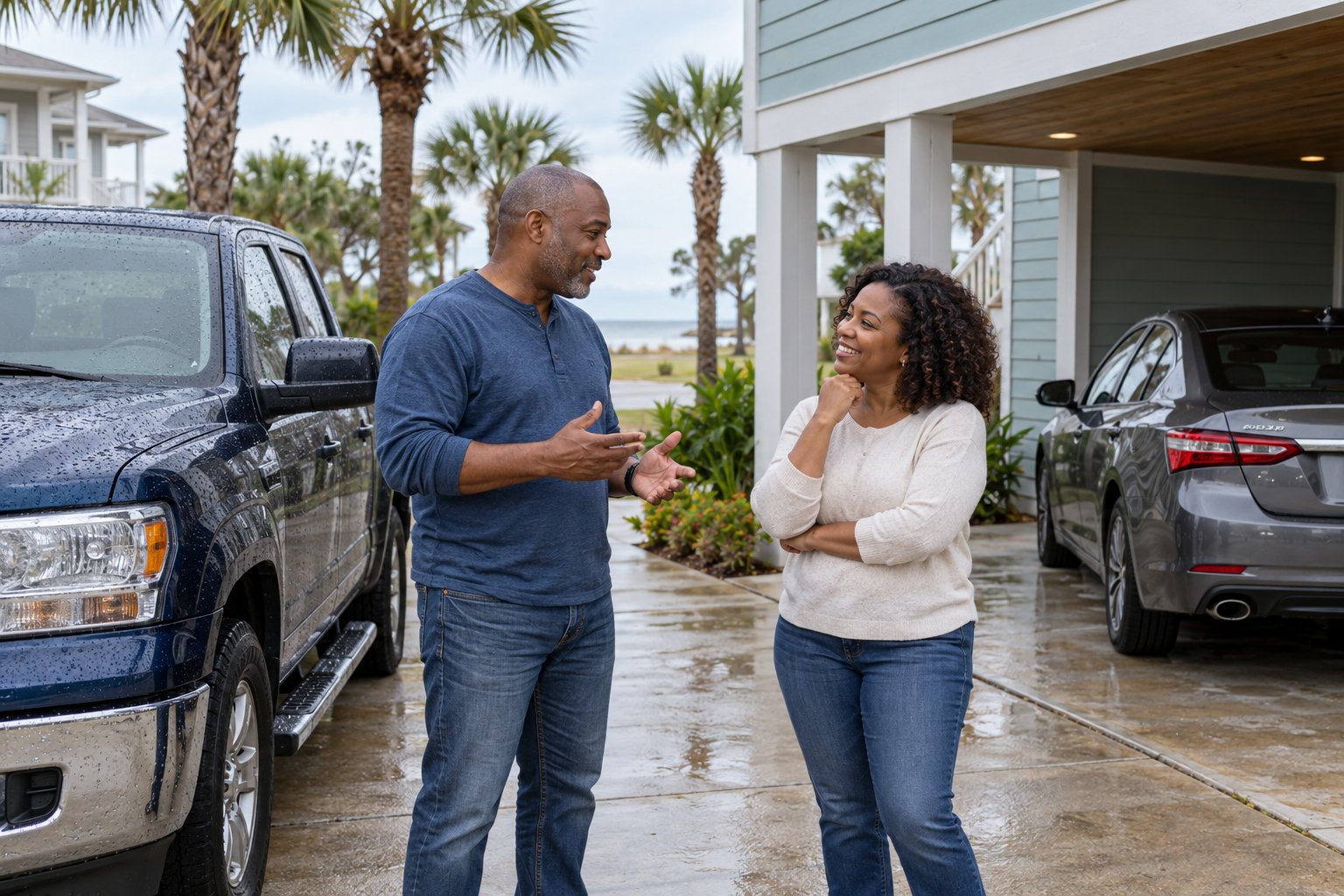 People reviewing a pickup and sedan at home before choosing vehicle coverage