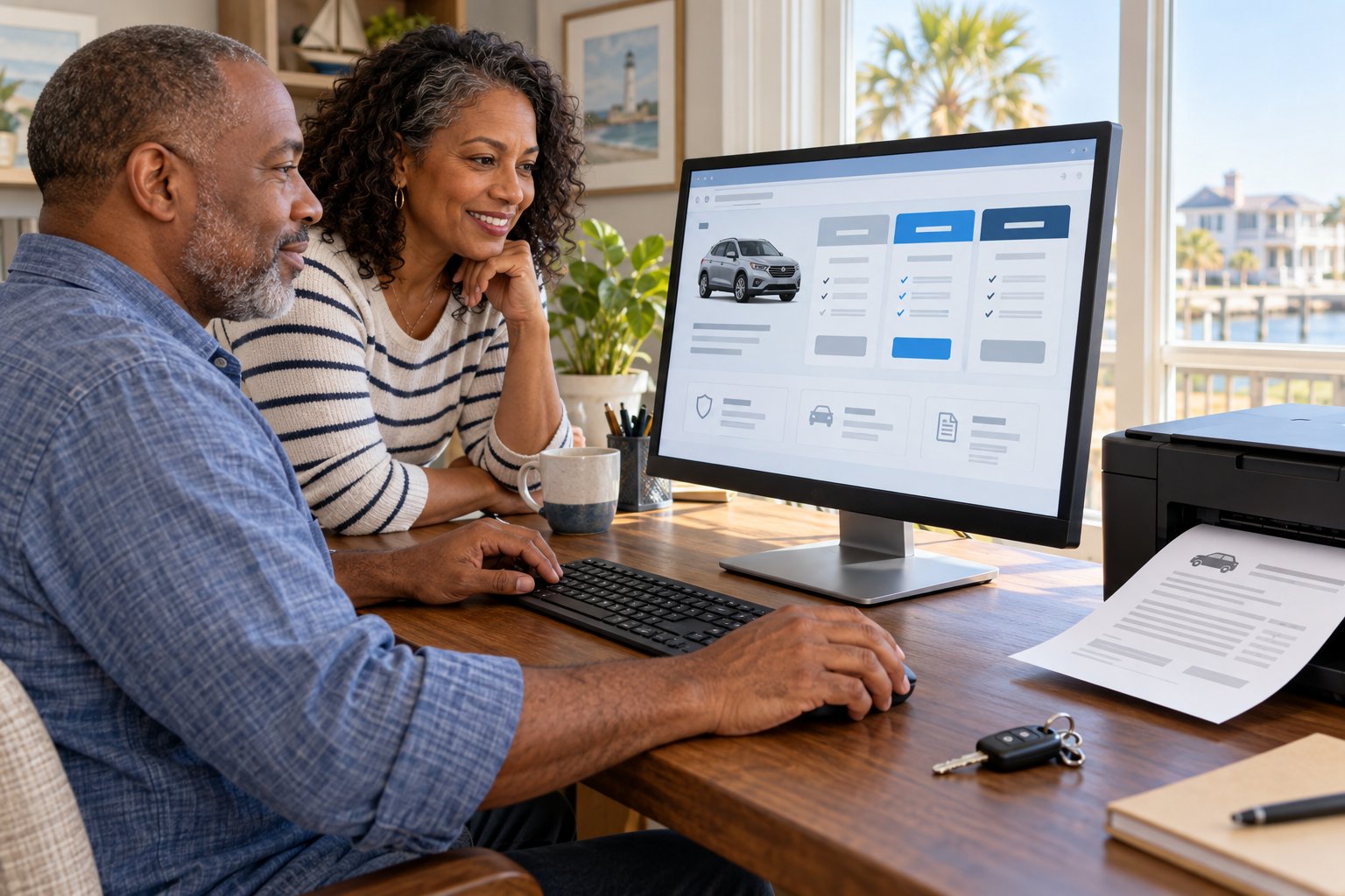 People using a computer to review vehicle coverage online with a printer ready for documents