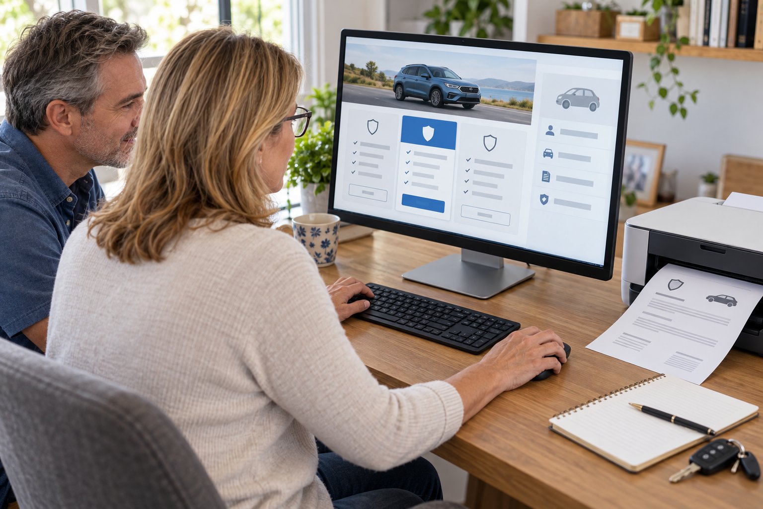 A couple using a desktop computer to review vehicle coverage online with a printer beside the monitor