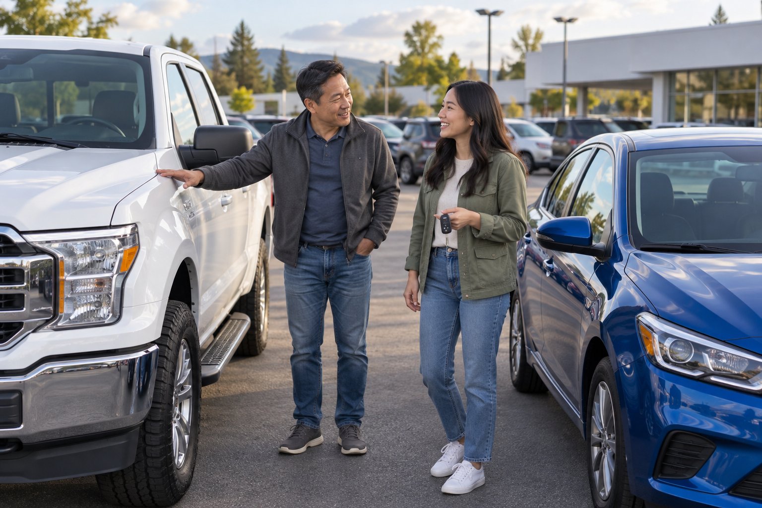 Two adults comparing a pickup and sedan before selecting coverage for a vehicle purchase