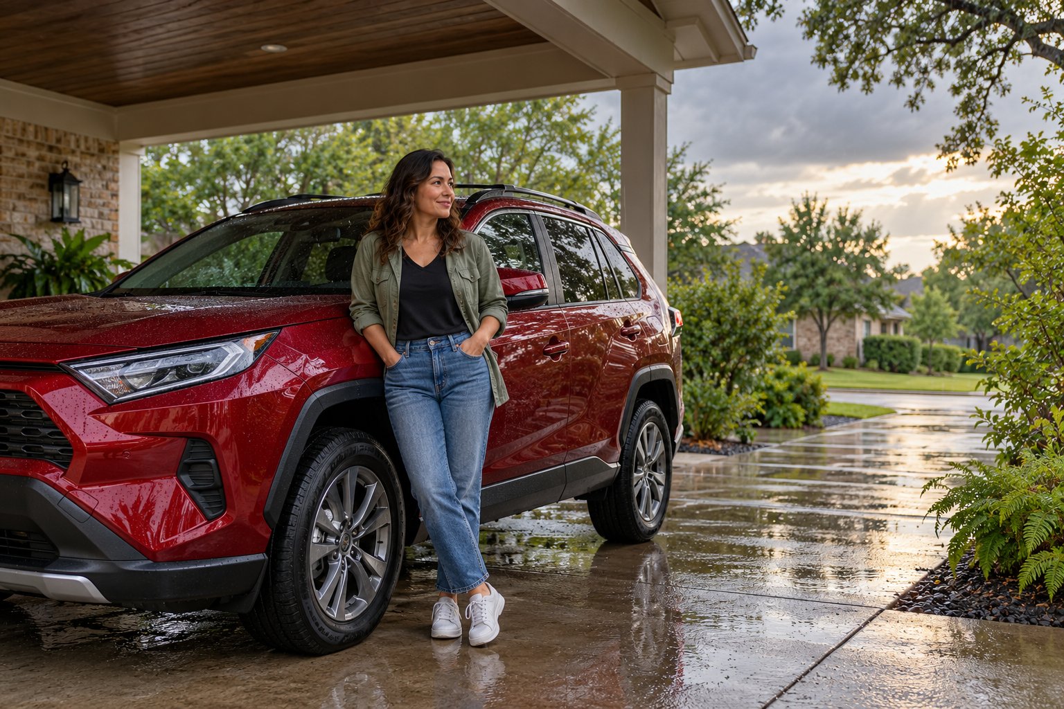A woman beside an SUV under a carport after rain, illustrating vehicle protection choices