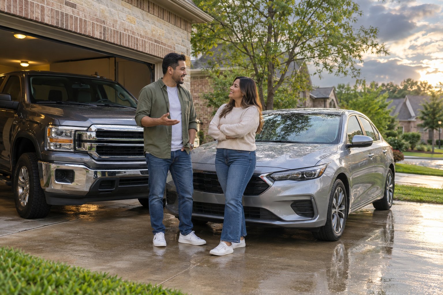 People reviewing a pickup and sedan at home before choosing vehicle coverage