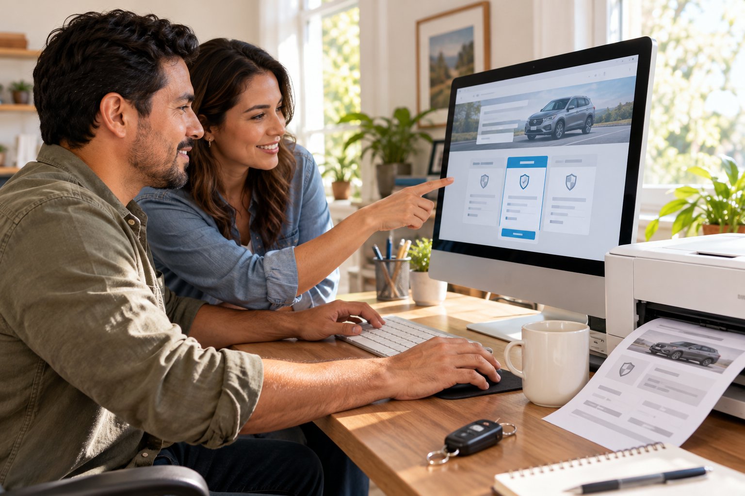 People using a computer to review vehicle coverage online with a printer ready for documents