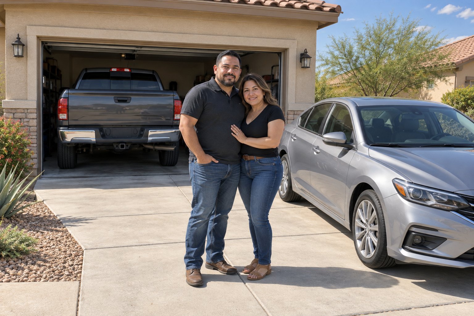 People reviewing a pickup and sedan at home before choosing vehicle coverage
