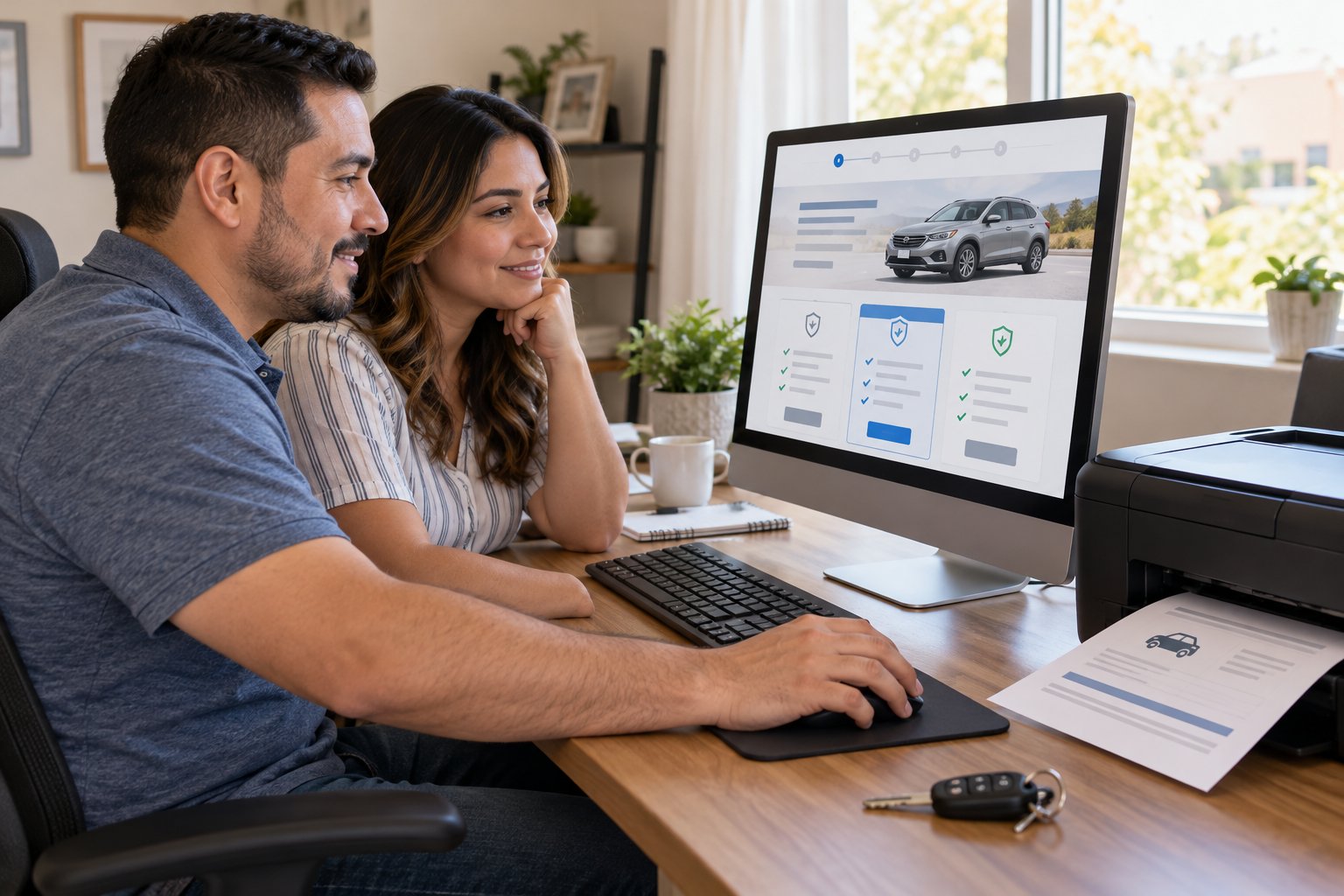 People using a computer to review vehicle coverage online with a printer ready for documents