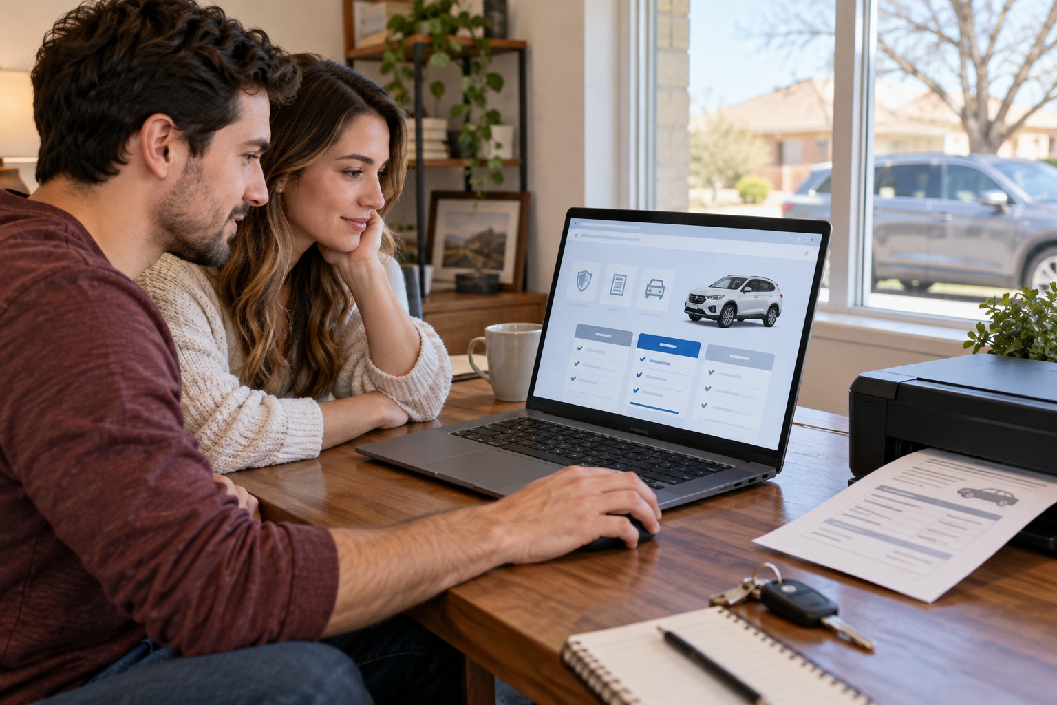 People using a computer to review vehicle coverage online with a printer ready for documents