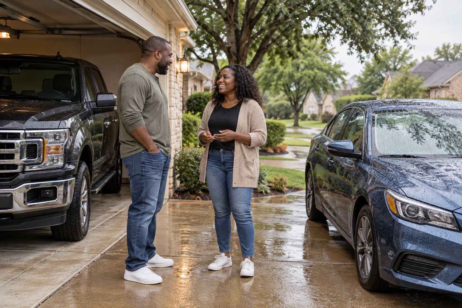 People reviewing a pickup and sedan at home before choosing vehicle coverage