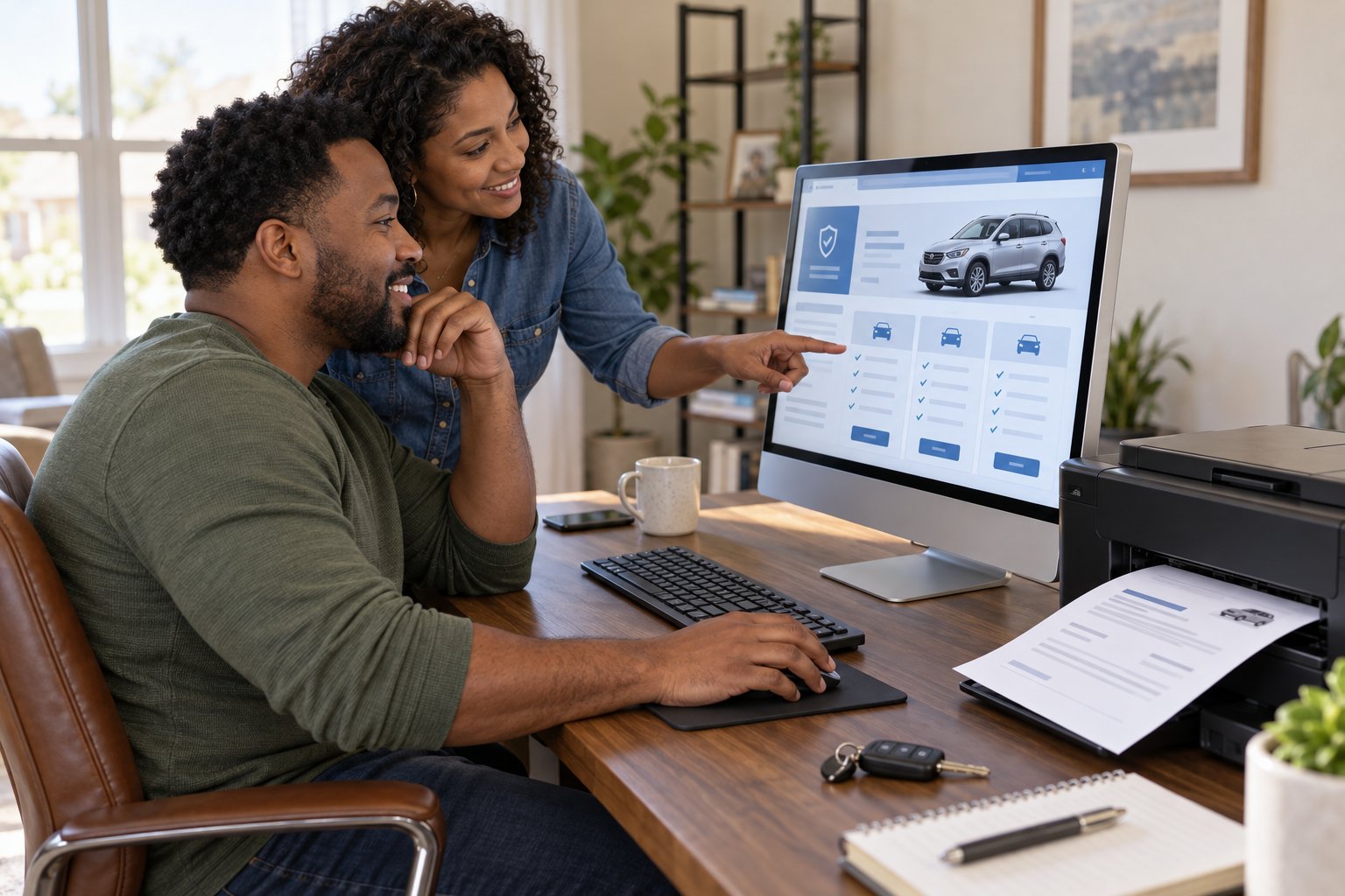 People using a computer to review vehicle coverage online with a printer ready for documents