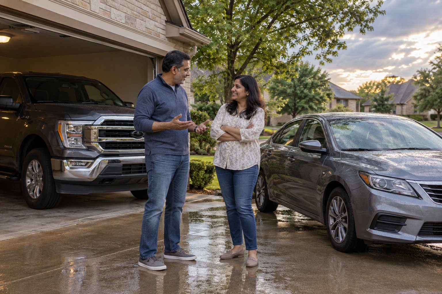 People reviewing a pickup and sedan at home before choosing vehicle coverage