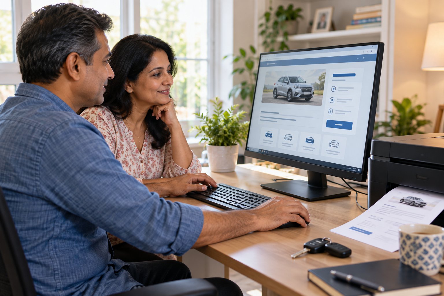 People using a computer to review vehicle coverage online with a printer ready for documents