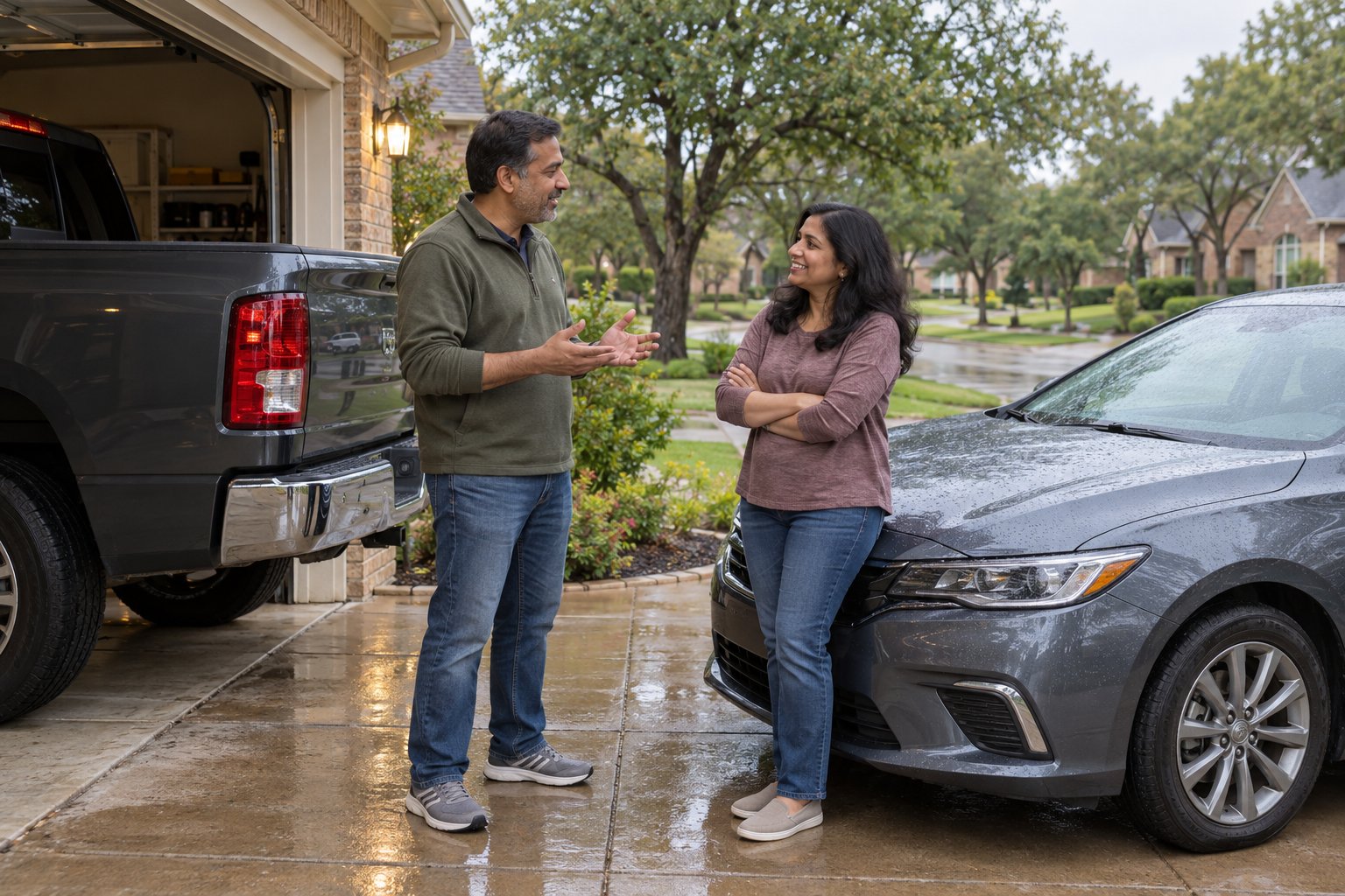 People reviewing a pickup and sedan at home before choosing vehicle coverage