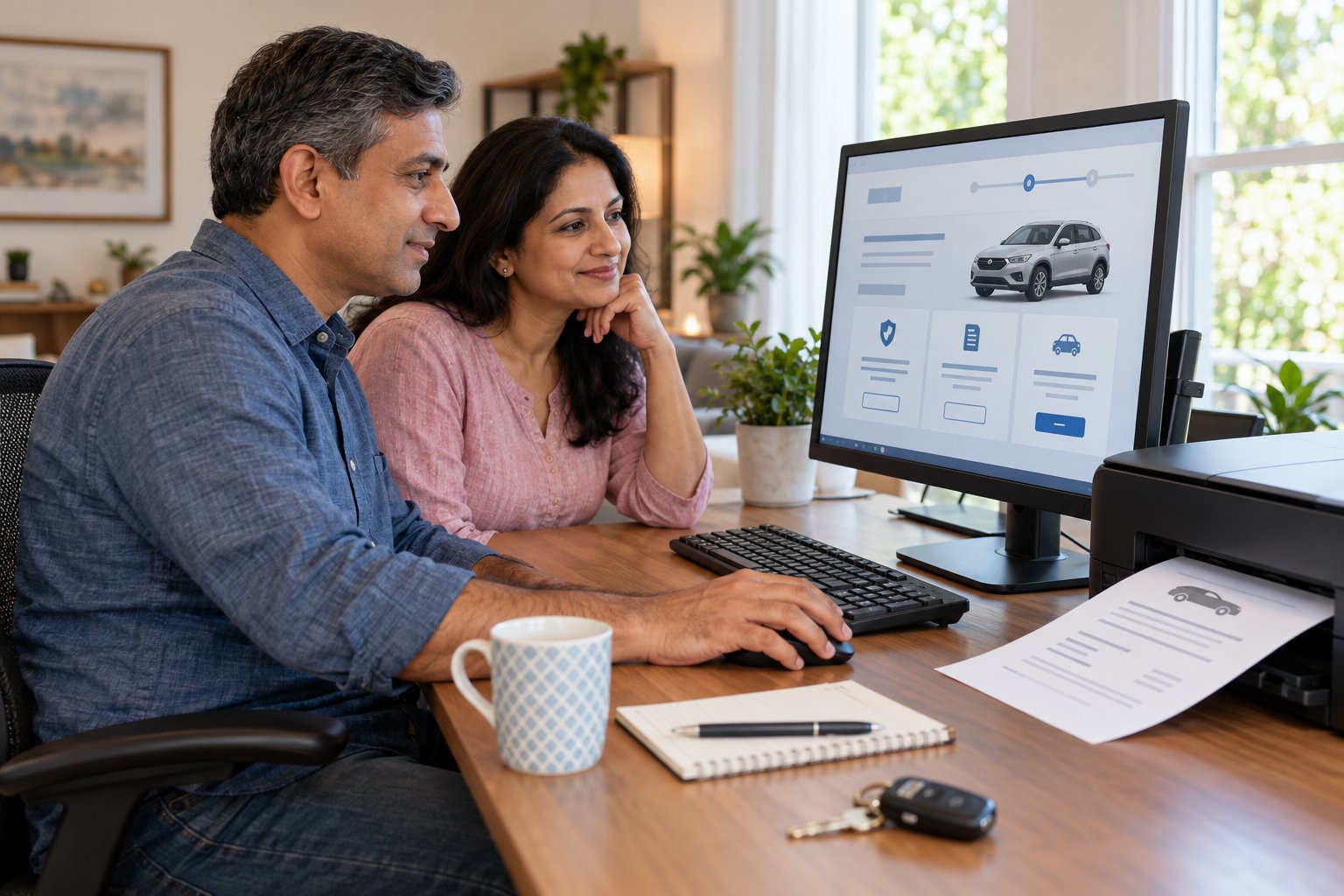 People using a computer to review vehicle coverage online with a printer ready for documents