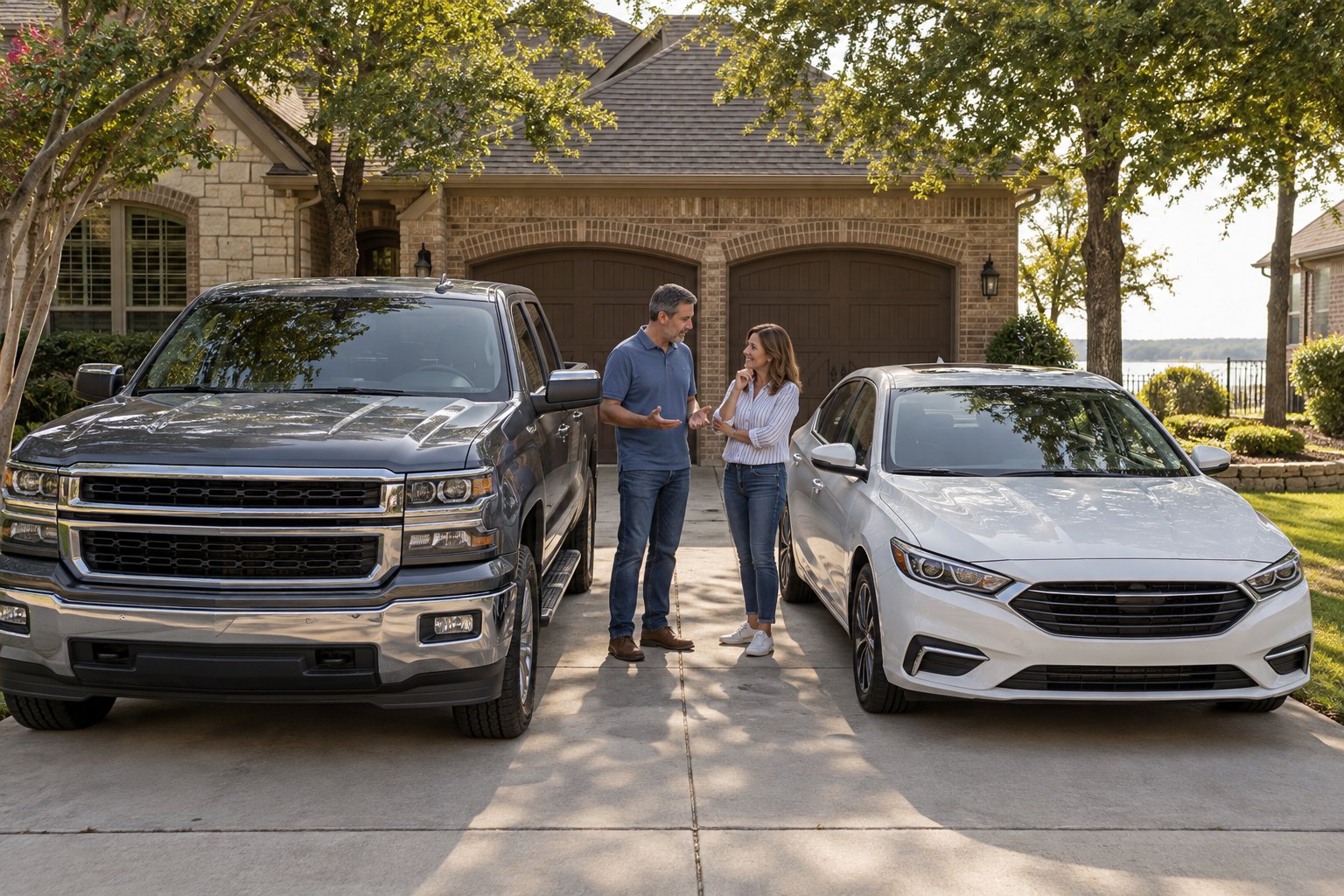 People reviewing a pickup and sedan at home before choosing vehicle coverage