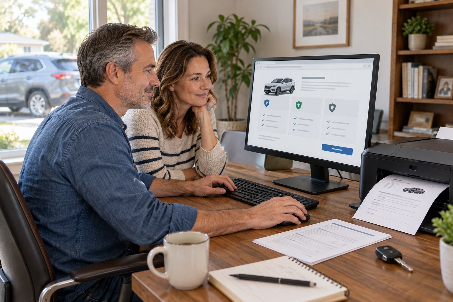 People using a computer to review vehicle coverage online with a printer ready for documents