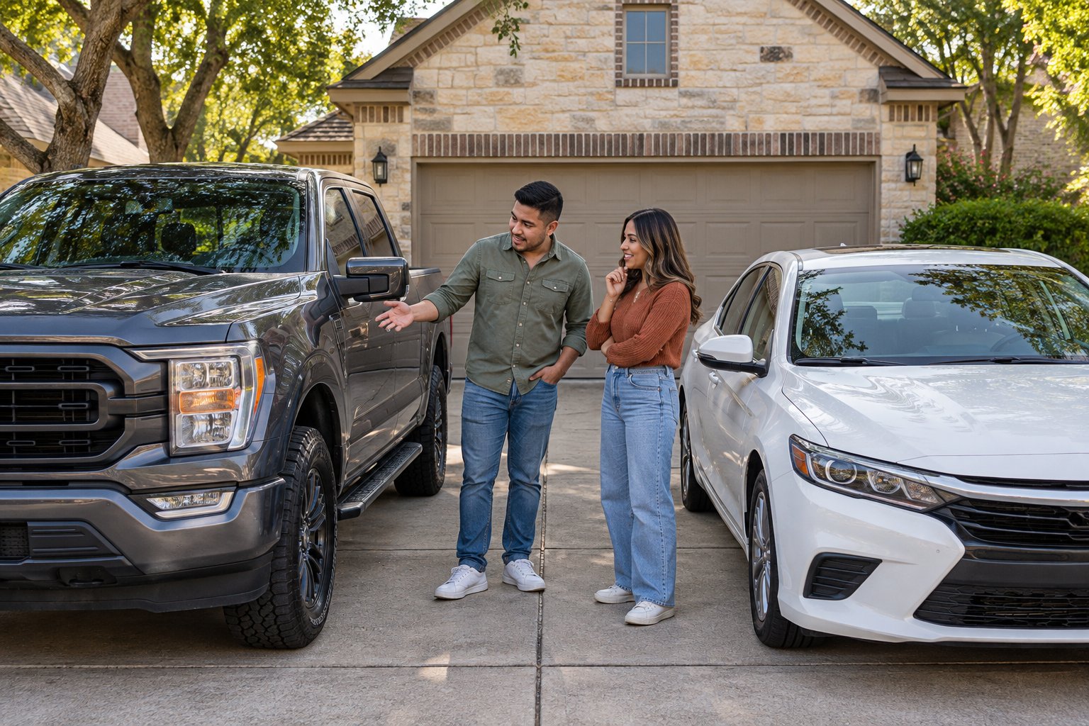People reviewing a pickup and sedan at home before choosing vehicle coverage