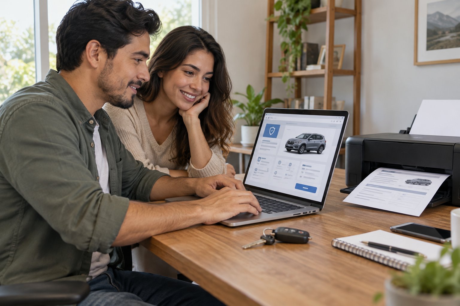 People using a computer to review vehicle coverage online with a printer ready for documents