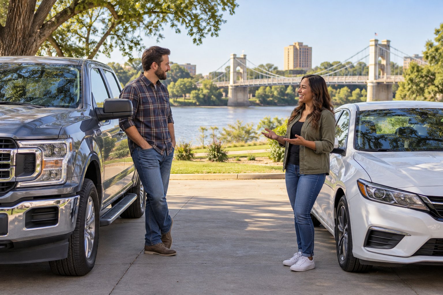 People reviewing a pickup and sedan at home before choosing vehicle coverage