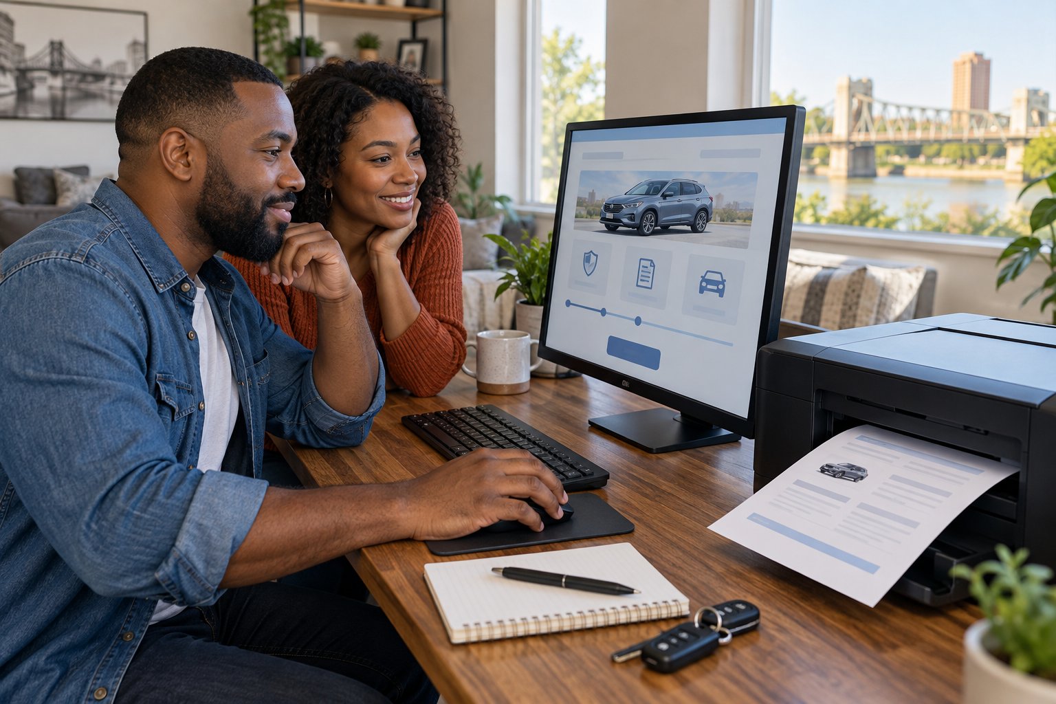 People using a computer to review vehicle coverage online with a printer ready for documents