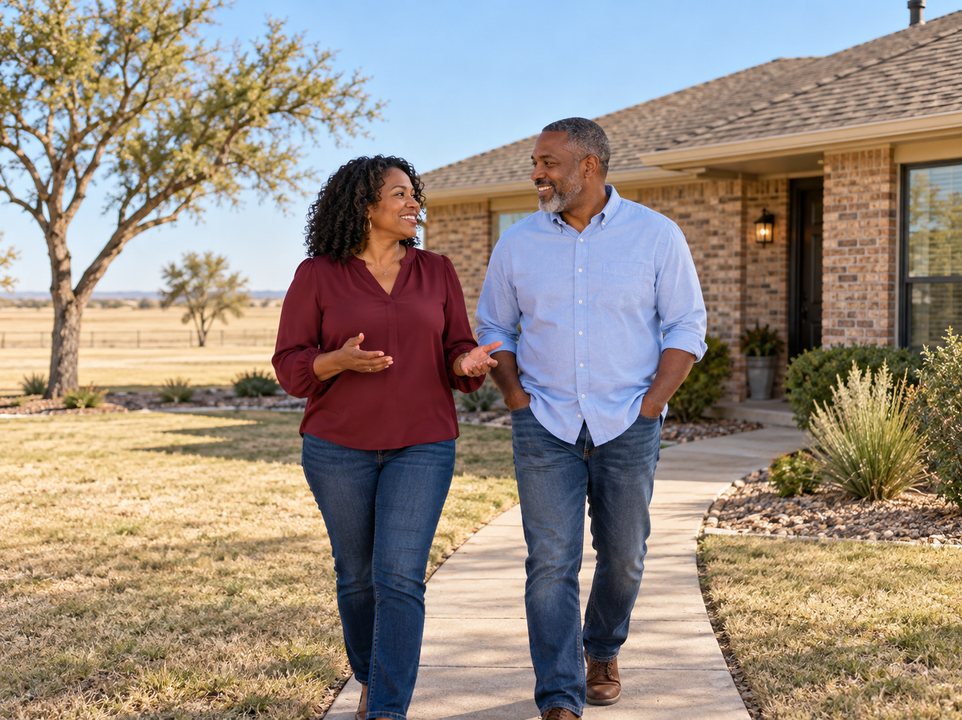 Amarillo homeowners insurance: couple outside a home with a landscaped front yard
