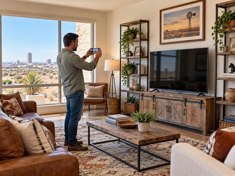 Homeowner photographing living-room belongings with a phone for a personal property inventory
