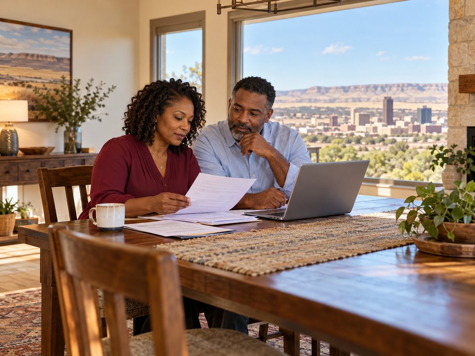 Couple comparing Amarillo home insurance quotes with a laptop and coverage paperwork