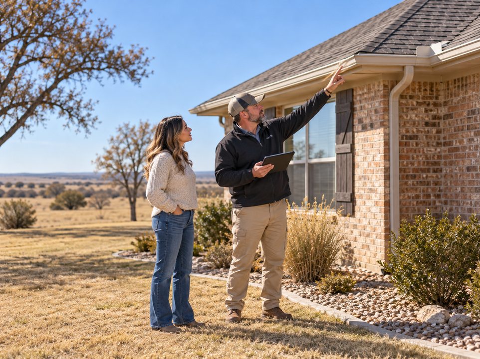Homeowner and inspector reviewing a shingle roof and gutters from the ground with a tablet