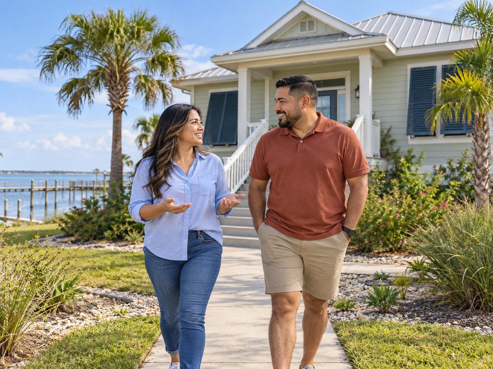 Aransas Pass homeowners insurance: couple outside a home with a landscaped front yard