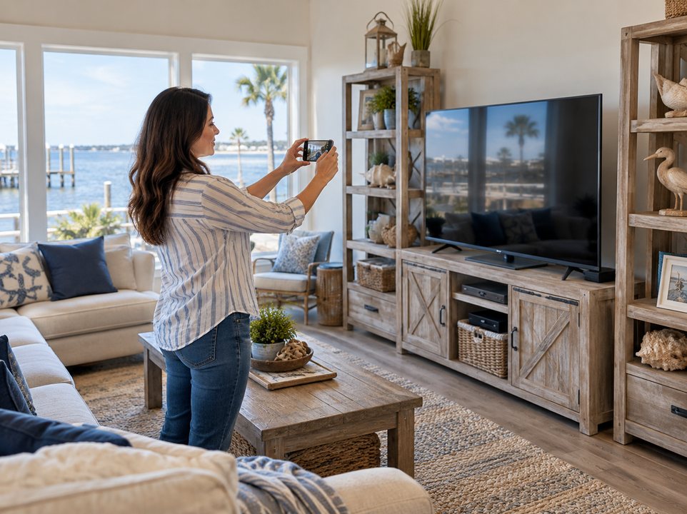 Homeowner photographing living-room belongings with a phone for a personal property inventory