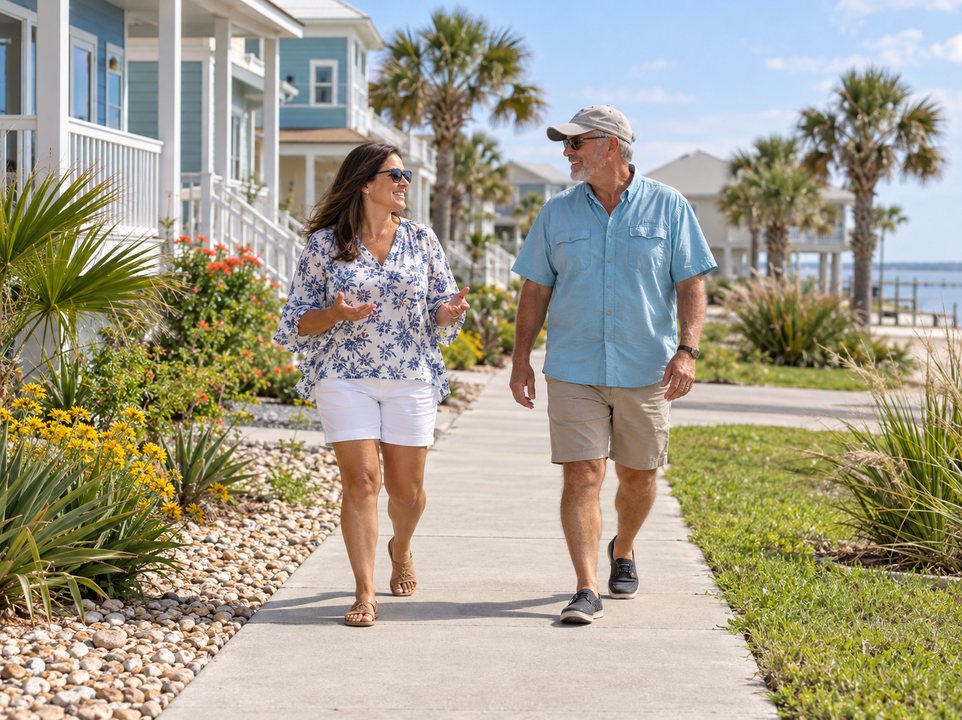 Couple walking along a residential street lined with homes