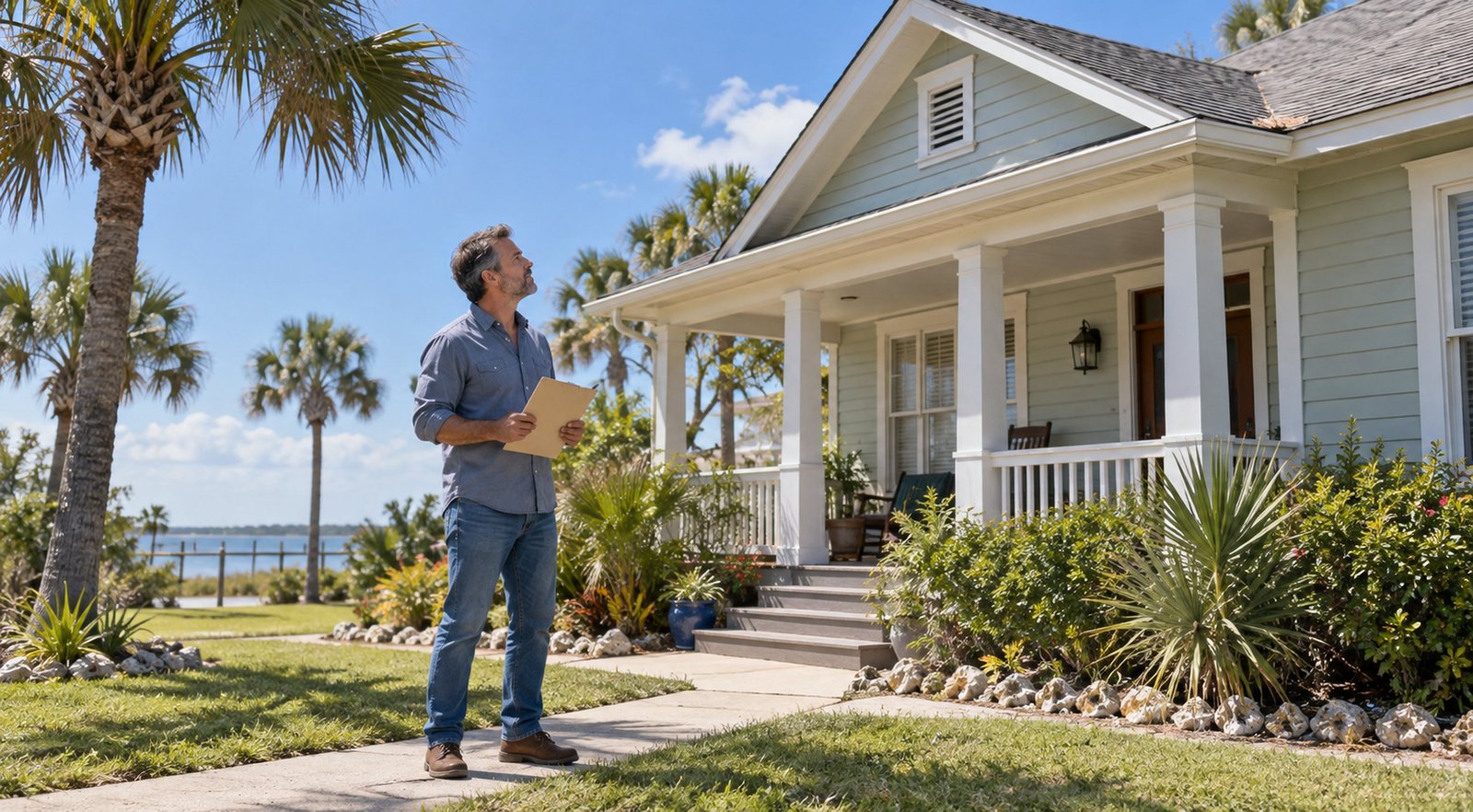 Homeowner holding paperwork outside an established home