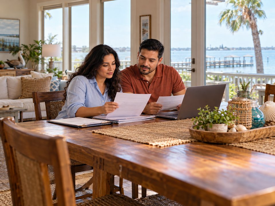 Couple comparing Aransas Pass home insurance quotes with a laptop and coverage paperwork