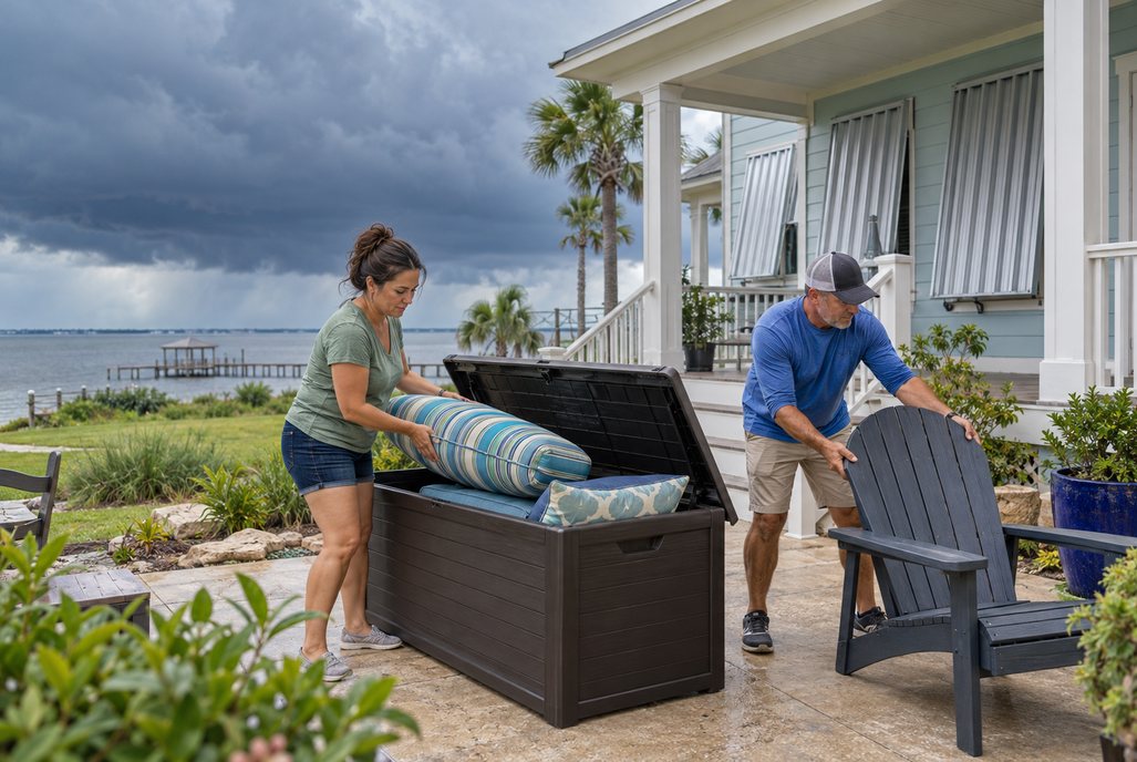 Residents putting away patio cushions and moving outdoor chairs before an approaching storm