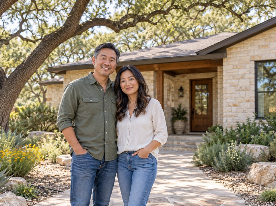 Austin homeowners insurance: couple outside a limestone home shaded by live oak trees