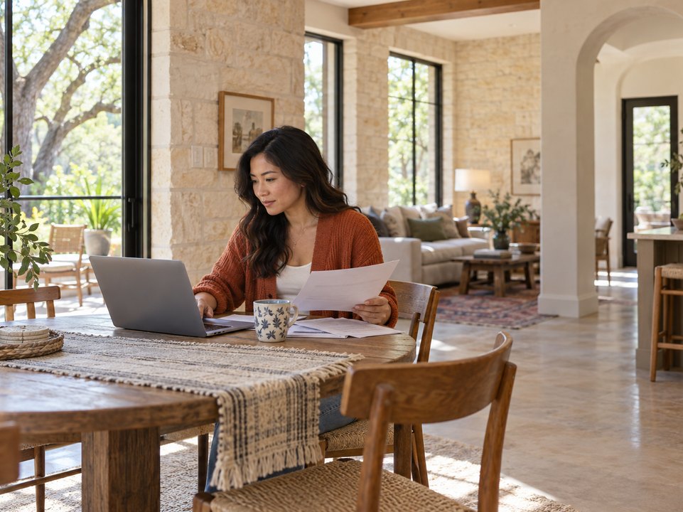 Homeowner comparing Austin home insurance quotes with a laptop and coverage paperwork