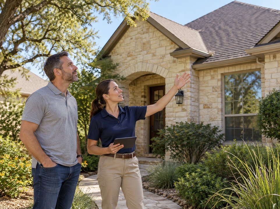 Homeowner and inspector discussing shingle roof condition