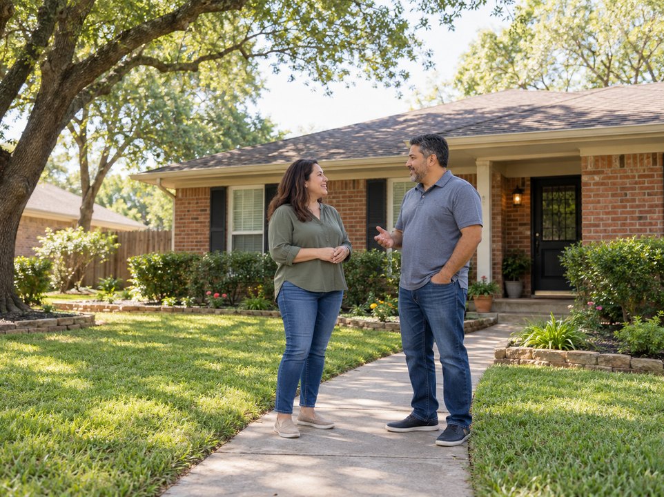 Balch Springs homeowners insurance: couple outside a home with a landscaped front yard