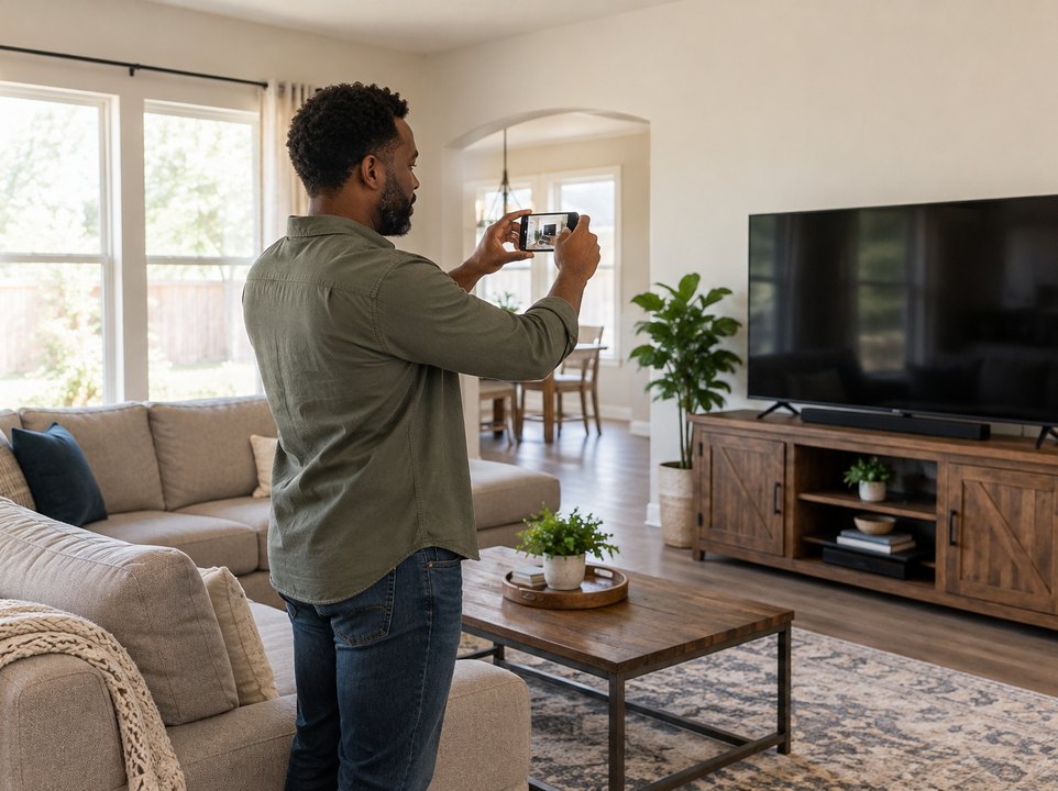 Homeowner photographing living-room belongings with a phone for a personal property inventory