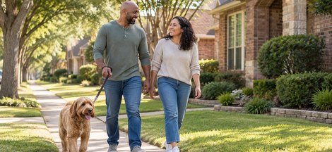 Residents walking a dog along a sidewalk lined with established brick houses and shade trees