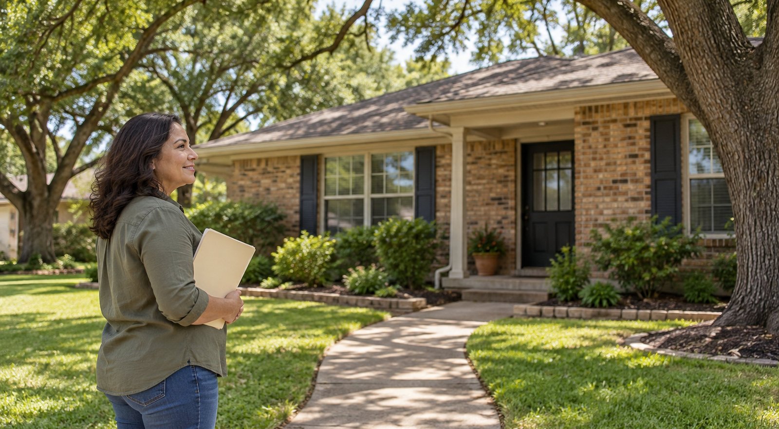 Homeowner holding a folder outside an established brick house with a mature shade tree