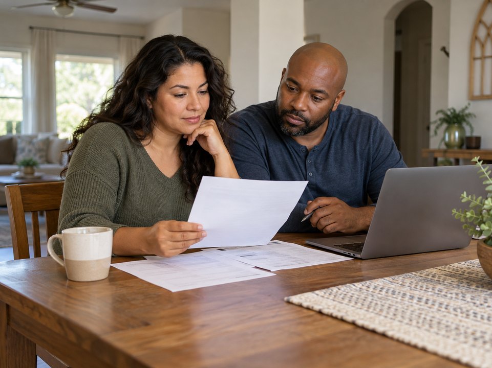 Couple comparing Balch Springs home insurance quotes with a laptop and coverage paperwork