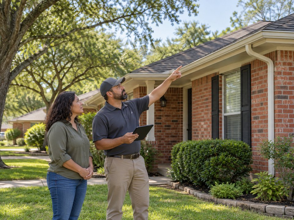Homeowner and inspector reviewing a shingle roof and gutters from the ground with a tablet