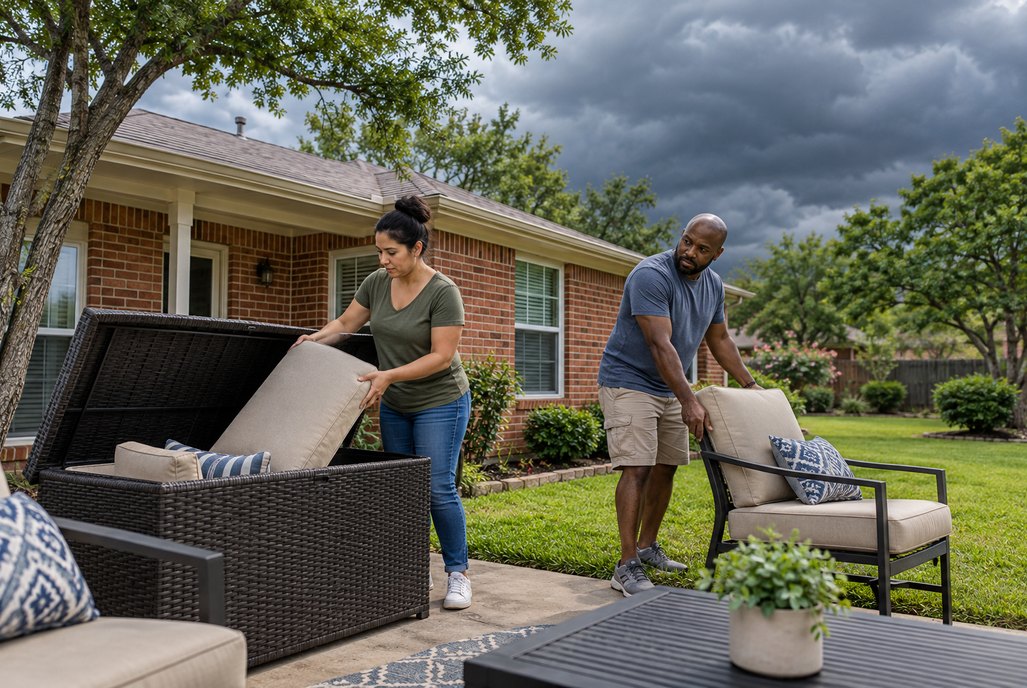 Residents putting away patio cushions and moving outdoor chairs before an approaching storm