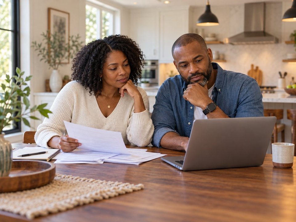 Couple reviewing Dallas home insurance quotes on a laptop at their kitchen table