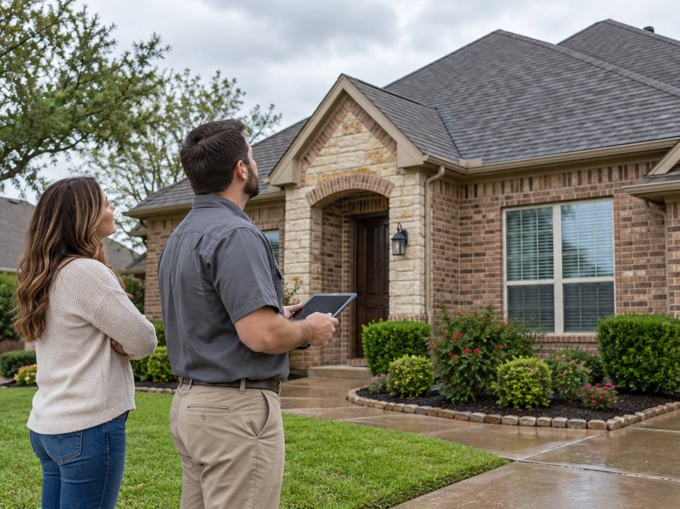 Homeowner and inspector reviewing a shingle roof for Dallas home insurance coverage