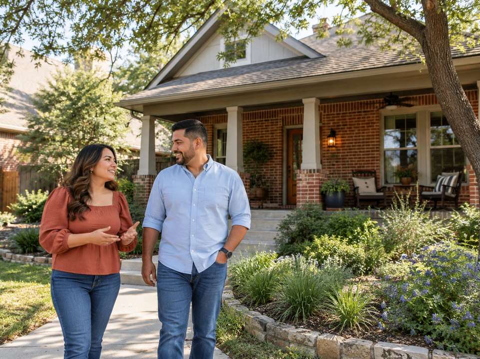 Denton homeowners insurance: couple outside a brick home with a landscaped front yard