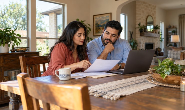 Couple comparing Denton home insurance quotes with a laptop and coverage paperwork